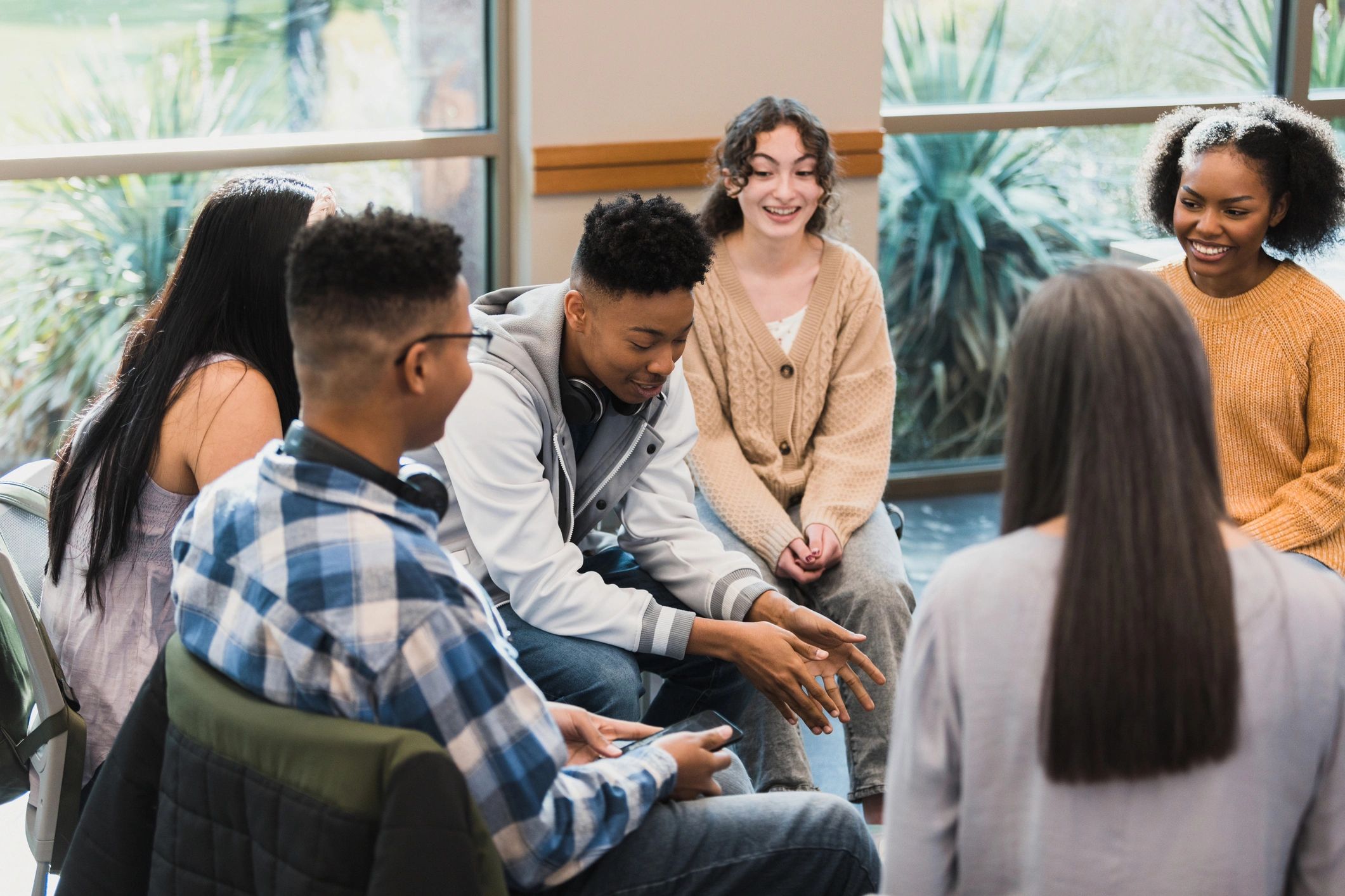 Support group listening to a speaker